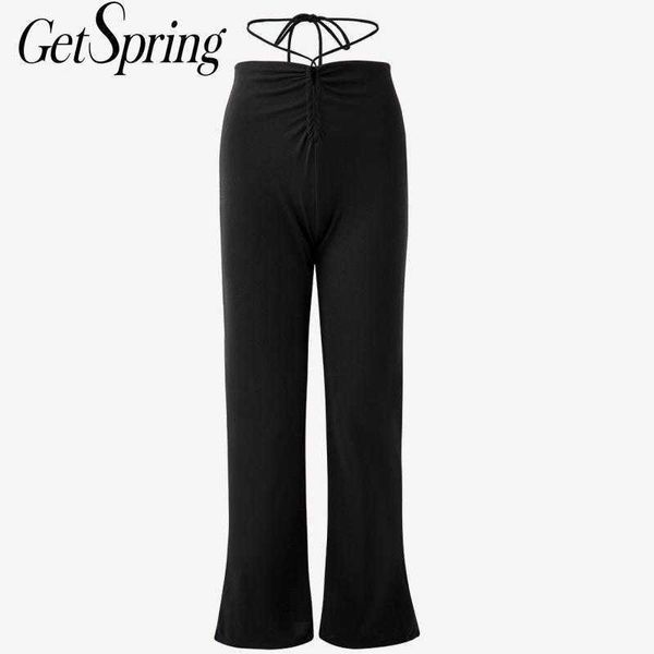 

getspring women pant bandage high waist flare pants all match vintage black trousers wide leg 210601, Black;white
