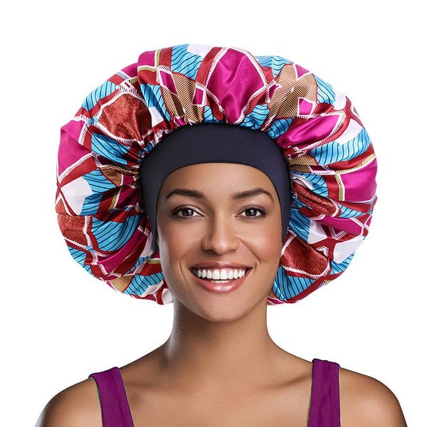 

high premium elastic women print bonnet extra large wide band satin sleeping cap night protection hair hat head wrap, Blue;gray
