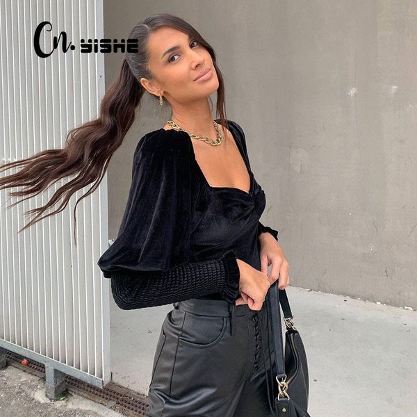 

cnyishe elegant square collar tees women shirts solid black lantern sleeve slim crop v-neck female t-shirt blusas 210419, White
