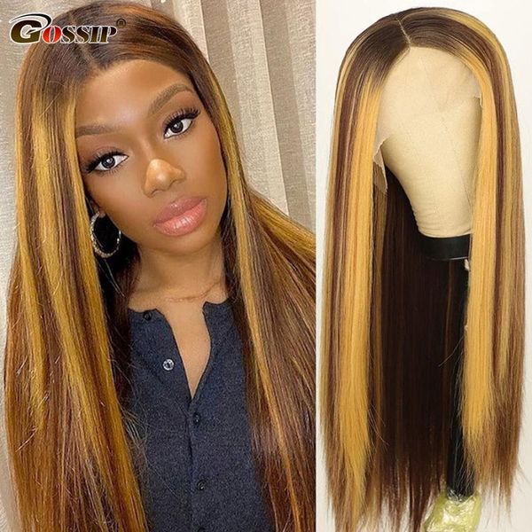 

lace wigs highlightÂ wigÂ humanÂ hair glueless straight 250 density bone colored human hair for women rmey t part wig #4/27, Black;brown