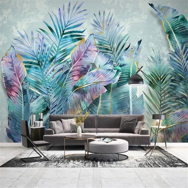 

milofi wall custom hand-painted nordic tropical light luxury plant leaves modern minimalist tv sofa background wallpapers