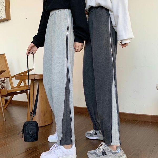 

women's pants & capris harajuku side zipper wide leg women black straight trousers fashion casual streetwear high waist autumn sweatpan, Black;white