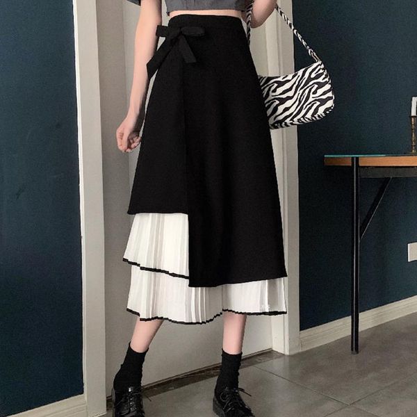 

skirts 2021 spring faldas mujer korean pleated hit color ruffle patchwork bowknot high waist elegant women skirt, Black