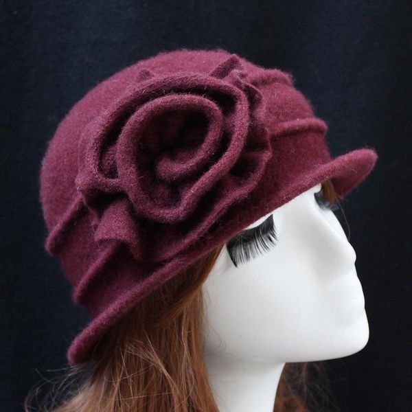 

stingy brim hats fashion vintage women bucket hat solid color flower decoration autumn winter 100% wool cap elegant ladies girls, Blue;gray