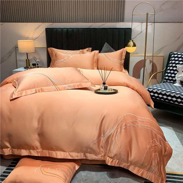

bedding sets big-name summer double-sided ice silk four-piece orange simple silky nude sleeping high-quality bed linen