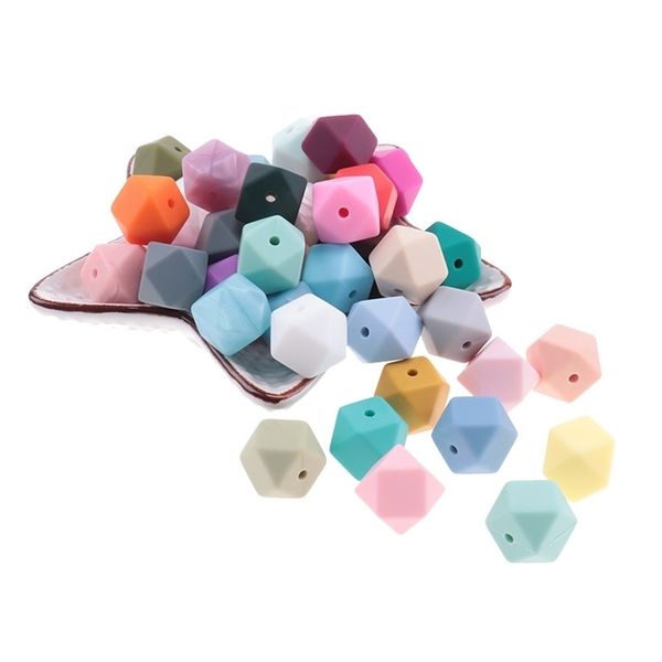 

100pcs baby silicone beads 14mm hexagon chewable diy teething necklace teether food grade bead bpa 211106