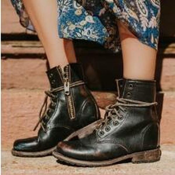 

boots women ankle chaussure short booties gladiator vintage pu leather mid heels matin shoes woman zapatos mujer sapato nh169, Black