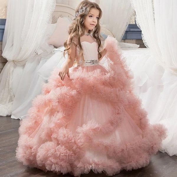 

girl's dresses tiered tulle flower girls long layered kids dress blush pink ruffles birthday gowns party wedding robe, Red;yellow