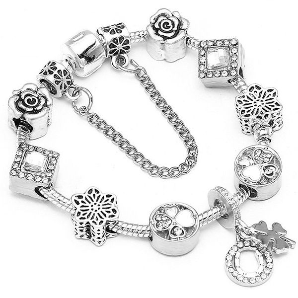 

16-21cm charm bracelet 925 silver murano glass beads fit pandora european bracelets four leave clover crystal pendant charm bead accessories, Black