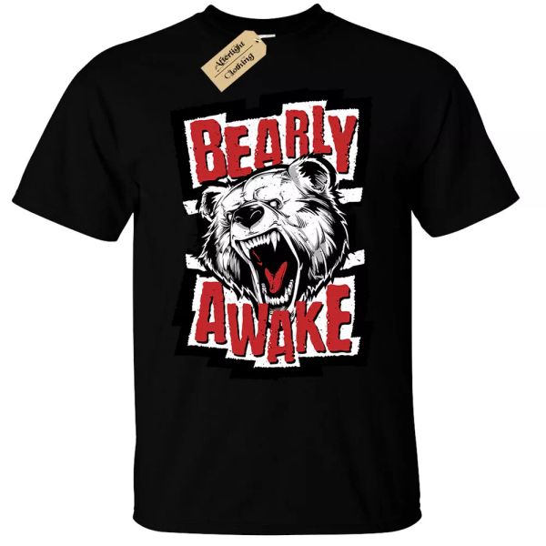 

bearly awake mens t-shirt funny lazy sleepy bear morning person, White;black
