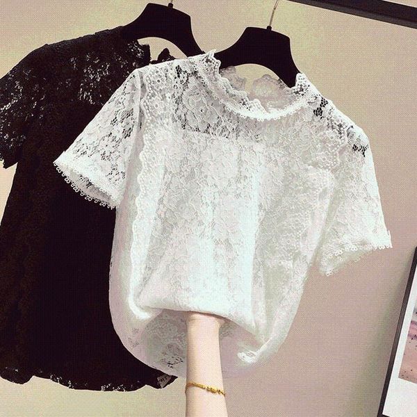 

women casual basic summer lace blouse shirt hollow short sleeve plus size s~2xl women's blouses & shirts, White