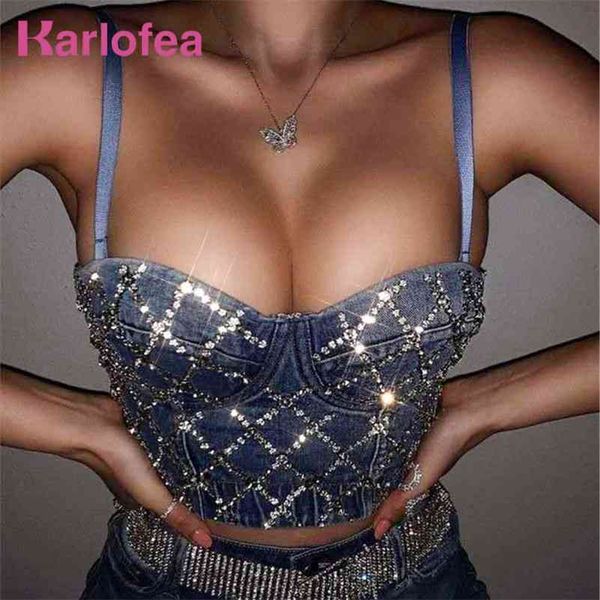 

karlofea lady girls luxury diamonds camis crop chic push pu bra street wear fashion casual denim jeans club party outfits 210401, White