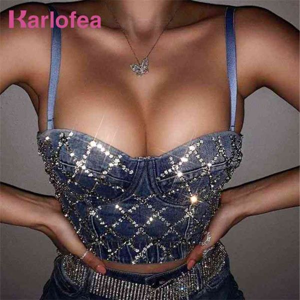 Karlofea Lady Meninas Luxo Diamantes Camis Crow Crop Top Chic Put Bra Bra Street Wear Moda Casual Denim Jeans Club Party Outfits 210401