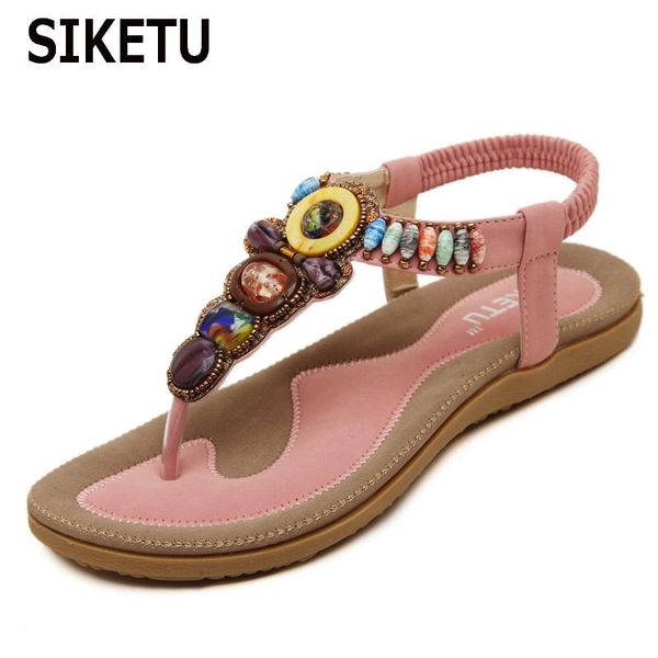 

bohemian women flat sandals gemstone beaded slippers summer beach flip flops ladies shoes, Black