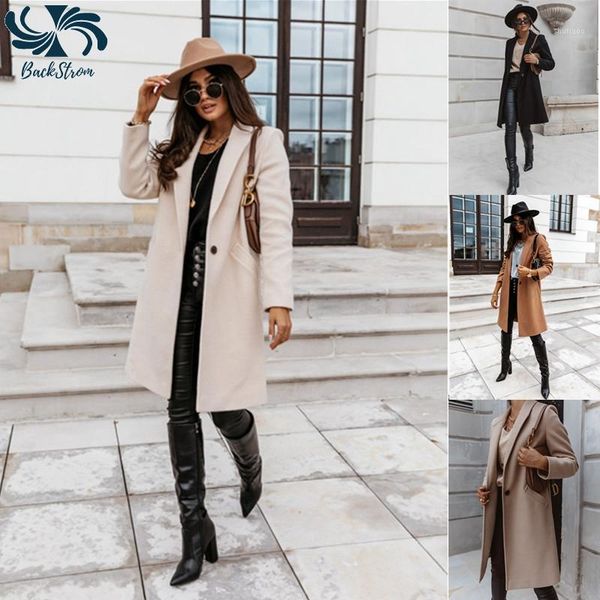 

women's wool & blends backstrom women autumn winter solid turn-down collar woolen coats long jackets buttons color slim outwear, Black