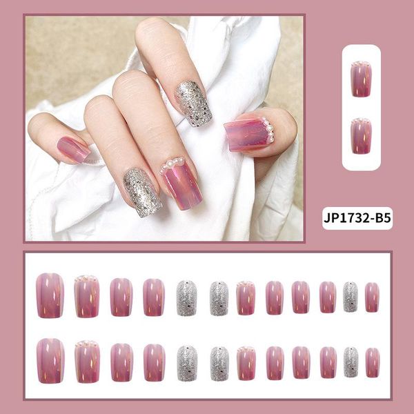 

false nails nail art 24pcs silver color fake patch rhinestone inlaid glue type removable long paragraph fashion manicure, Red;gold