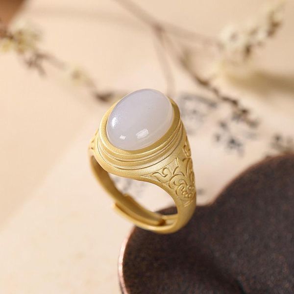 

silver inlaid natural hetian white jade opening adjustable chinese style retro minority design charming women's brand jewelry cluster r, Golden;silver