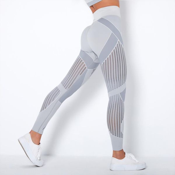 

pants seamless knit hollow womens legging mesh slim push up fitness high waist striped sportswear, Black