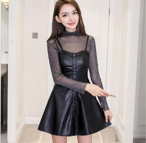 

casual dresses 2pcs set women's leather dress 2021 pu black female over ankle shorts, Black;gray