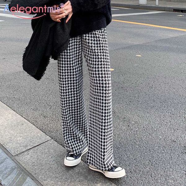 

aelegantmis casual loose houndstooth wide leg knitted pants women soft warm elastic high waist female chic retro trousers 210607, Black;white