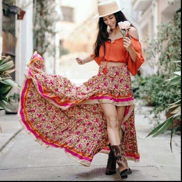 

style irregular maxi red womens skirts cotton floral summer beach bohemian, Black