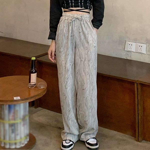 

women's pants & capris women harajuku tie-dye summer korean style streetwear loose fashion drawstring wide leg casual female trousers, Black;white