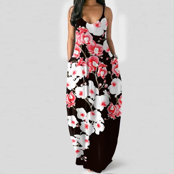

women's fashion large floral print deep v halter long dress ethnic clothing, Red