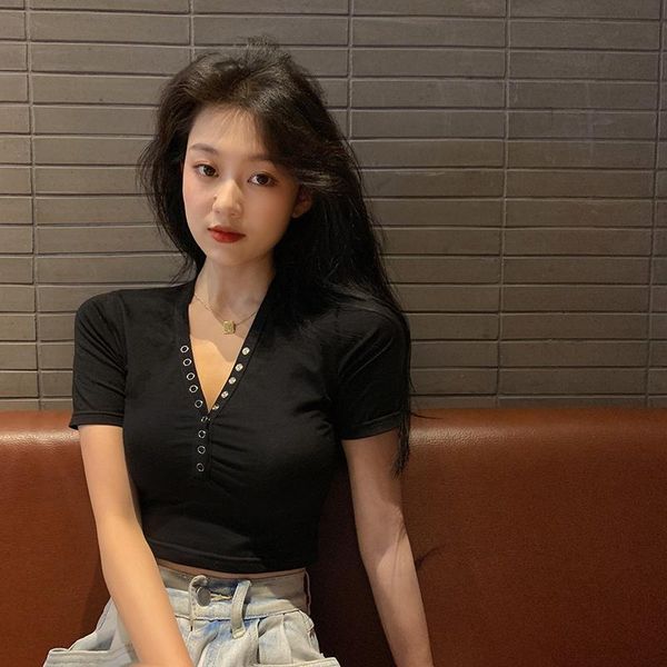 

women's t-shirt t-shirts japanese kawaii ladies ulzzang vintage v-neck button female korean harajuku clothes for women, White