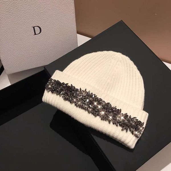 

hat white heavy hand rhinestone knitted hat, versatile black wool autumn and winter travel warm ear cap, Blue;gray