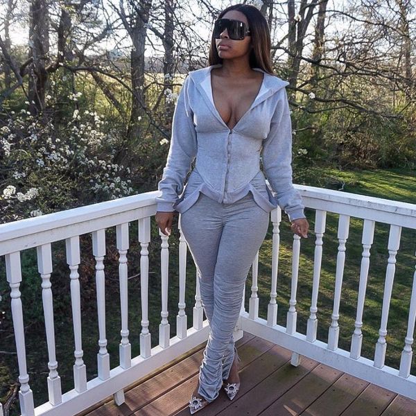 

women's fashion casual solid color pleated sweater suit two-piece, Gray