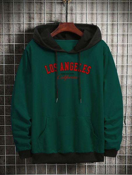 

men colorblock letter graphic drawstring hoodie u23s#, Black