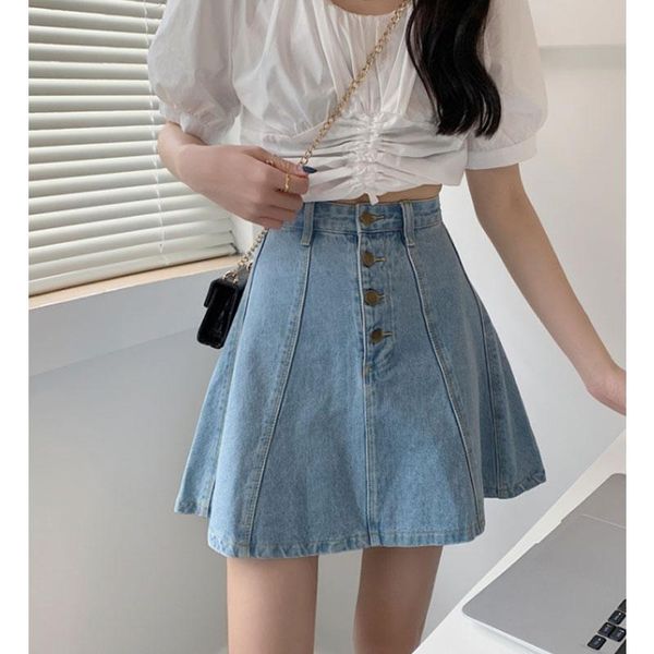 

ytenta skirts summer high waist slim sweet blue denim skirt, Black