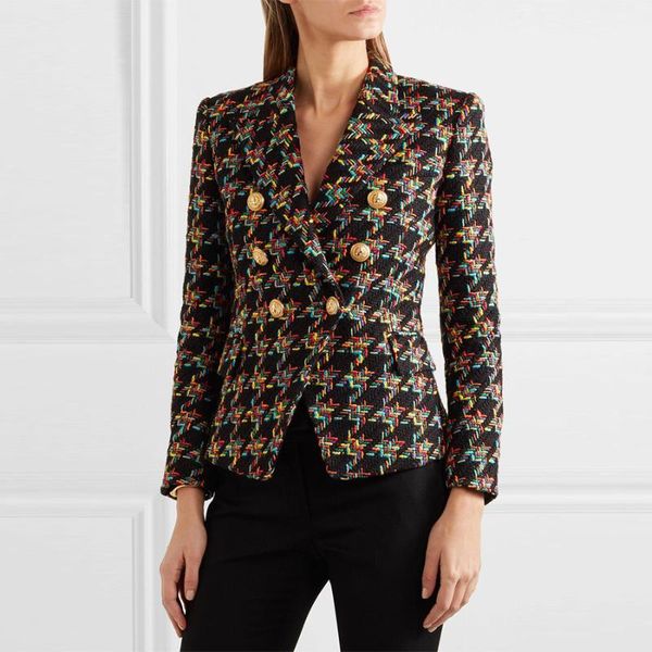 

est runway 2021 designer blazer women's lion metal buttons houndstooth short jacket coat suits & blazers, White;black