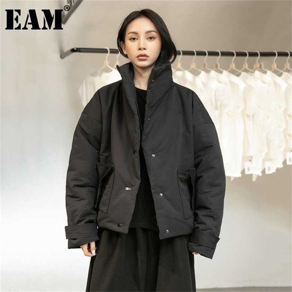 

[eam] black warm short stand collar cotton-padded coat long sleeve loose fit women parkas fashion autumn winter 210927