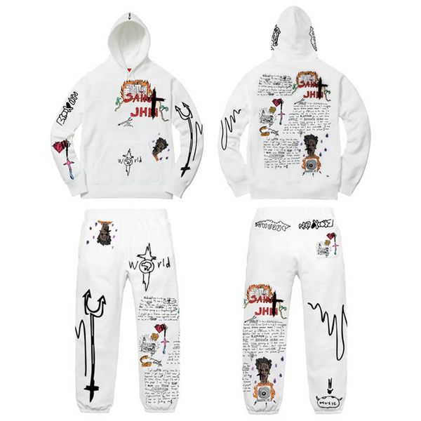 

women's two piece pants two-piece urban casual suit loose hooded long-sleeved printed letter sweater, White