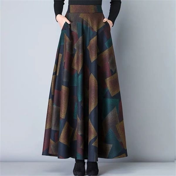 Vintage A-Linie Hohe Taille Wollröcke Herbst Winter Mode Frauen Wolle Maxi Weibliche Casual Lange Streetwear 210621