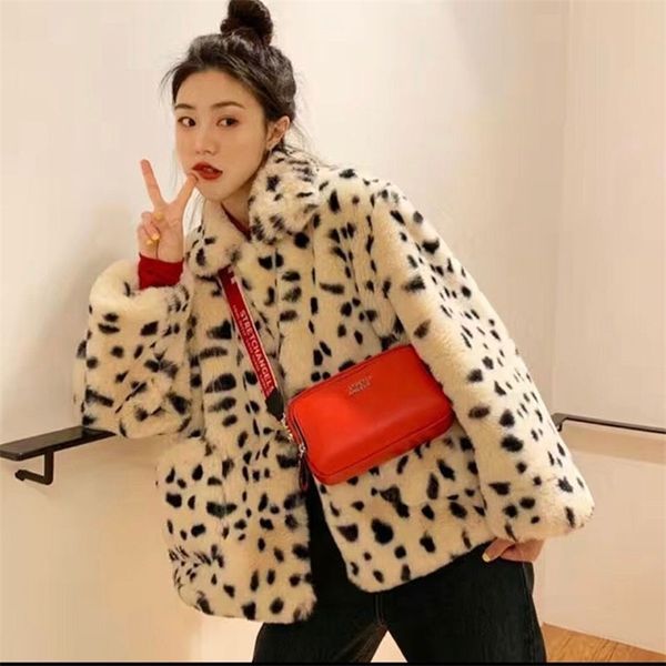 

leopard short furry coats and jacket womens winter fashion turn-down collar plush coat woman keep warm faux fur jackets 210917, Black