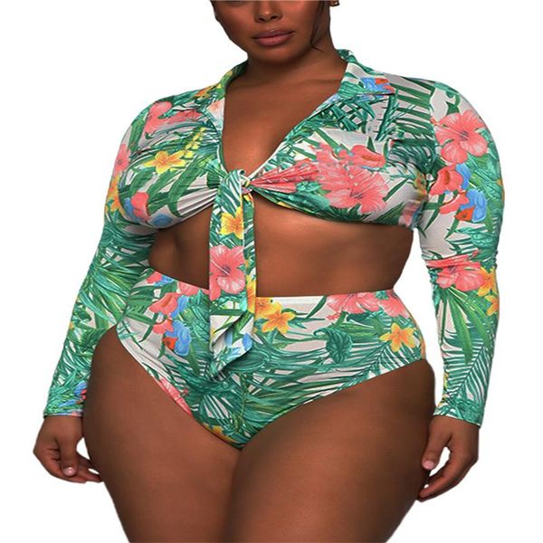 

green stylish female swimsuits 2 pieces, floral print v-neck long sleeve crop bikini panties women's swimwear, White;black