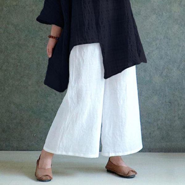 

women's pants & capris vintage solid color cotton linen plus size women wide leg baggy trousers, Black;white