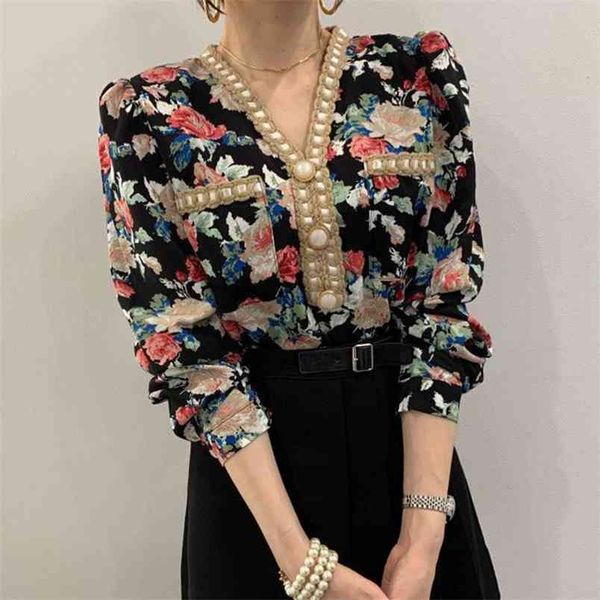 

retro thin v-neck bordered blouse women's stitching chic single-breasted lantern sleeve floral chiffon shirt uk651 210506, White