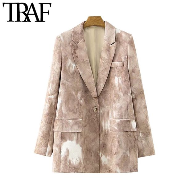 

women fashion single button tie-dye print blazer coat vintage long sleeve pockets female outerwear chic 210507, White;black