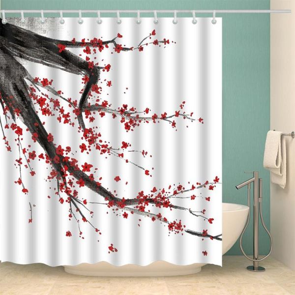 

artistic shower curtain plum blossom white red fashion bath accessories with hooks waterproof polyester fabric bathroom decor curtains