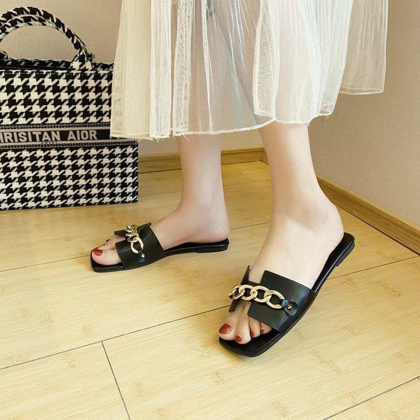 

summer women's flat sandals fashion chain decoration open toe outdoor beach breathable sandalias ladies party shoes soft bottom, Black