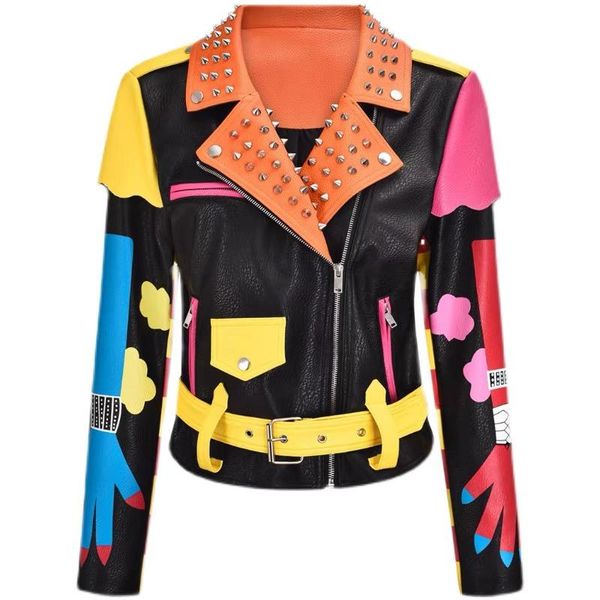 

women's jackets ys-yess 2021 fall winter graffiti print badge leather women slim short crop coat pu motorcycle, Black;brown