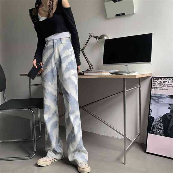 

women tie-dye blue pants casual vintage autumn design sense loose wide leg high waist straight trousers bottoms 210517, Black;white