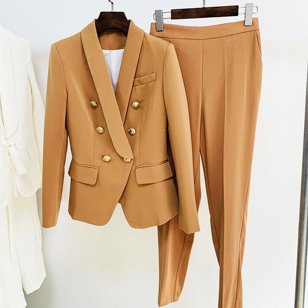 

women's two piece pants high street est 2021 designer career fashion double breasted lion buttons shawl collar blazer suit, White