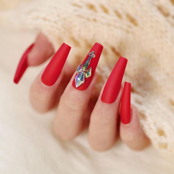 

false nails 24pcs rhinestone ballerina long red coffin full cover french fake artificial nail art tips press on, Red;gold
