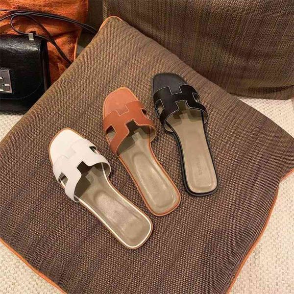 

official website 70% off outlet summer street leather slippers white casual open toe flat heel women shoes slippers sandals, Black