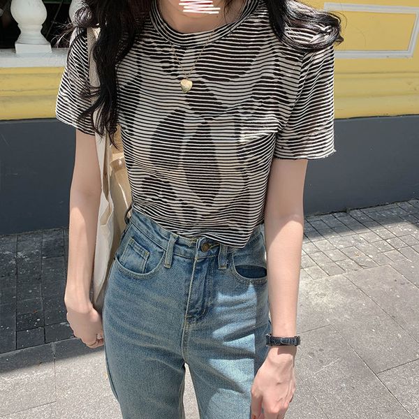 

2 colors summer korean ins style irregular stripe short sleeve slim t shirts womens tee shirt femme women (x1483) 210423, White