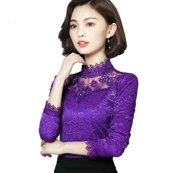 

autumn and winter fashion women's lace shirt plus size stand collar solid long-sleeved women blouse blouses & shirts, White